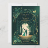 Invitation Romantique Vert Émeraude Et Or. (Devant)