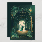 Invitation Romantique Vert Émeraude Et Or. (Devant / Derrière)