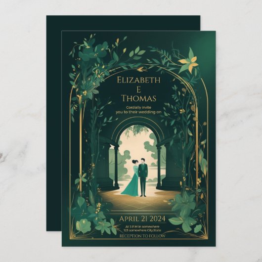 Invitation Romantique Vert Émeraude Et Or. (Devant / Derrière)