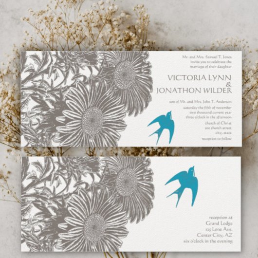 Invitation Romantique Vintage Floral Aqua Inséparable Mariage