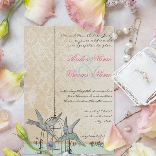 Invitation Romantique Vintage Hummingbird Birdcage Mariage