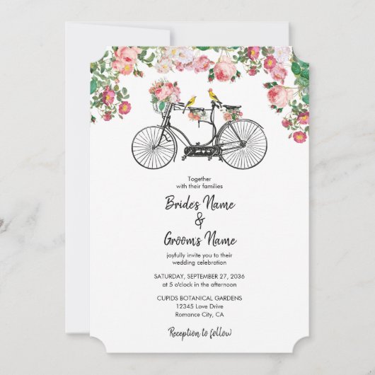 Invitation Romantique Vintage Vélo Fleurs & Oiseaux Mariage (Devant)