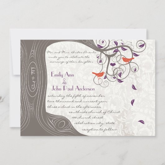 Invitation Romantique violet et corail rustique arbre lovebir (Devant)