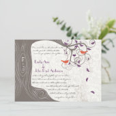 Invitation Romantique violet et corail rustique arbre lovebir (Debout devant)