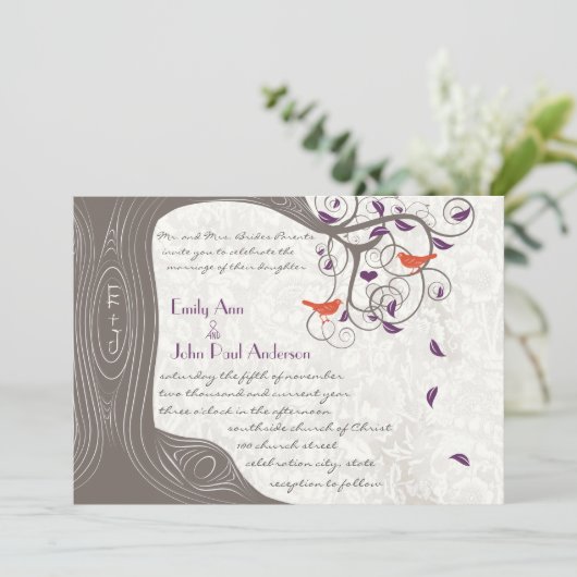 Invitation Romantique violet et corail rustique arbre lovebir (Debout devant)