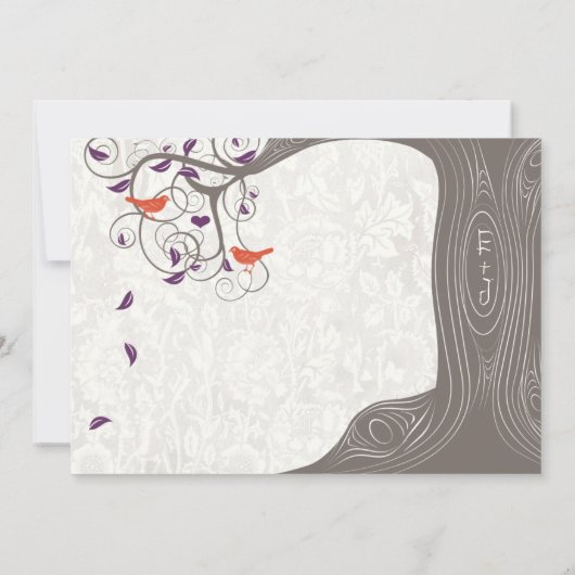 Invitation Romantique violet et corail rustique arbre lovebir (Dos)