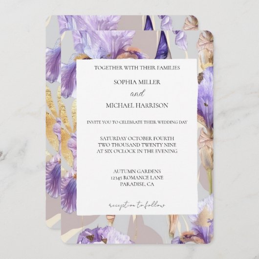 Invitation Romantique violet Iris Mariage Floral (Devant / Derrière)