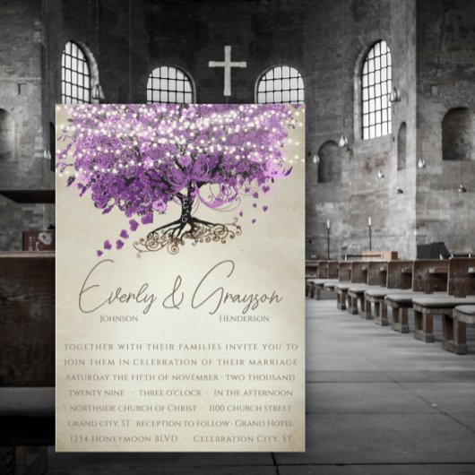 Invitation Romantique Violet Mariage de feuilles de coeur
