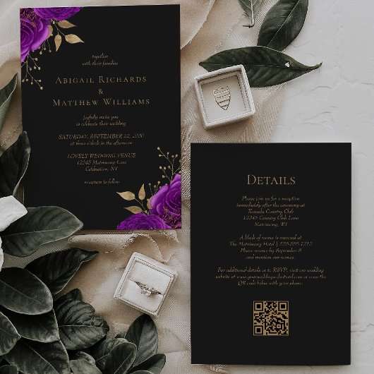 Invitation Romantique violet or Floral foncé QR Code Mariage