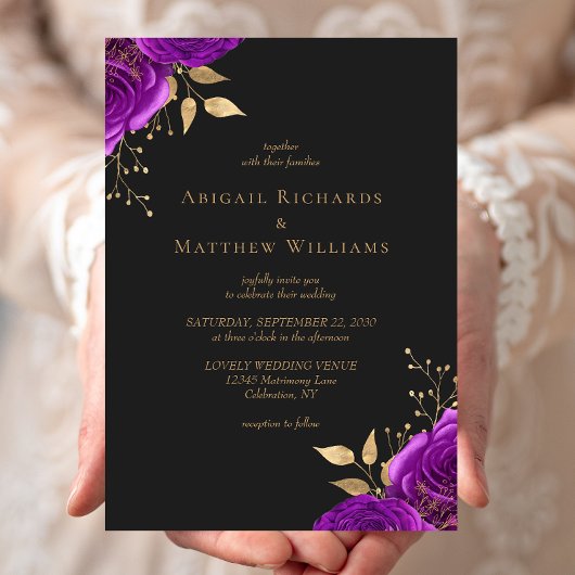 Invitation Romantique violet or Floral Mariage foncé