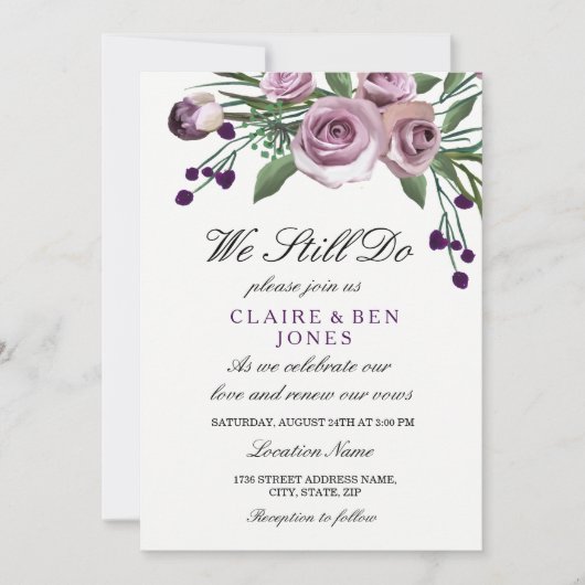 Invitation Romantique violet Rose Mariage Vow Renouvellement  (Devant)