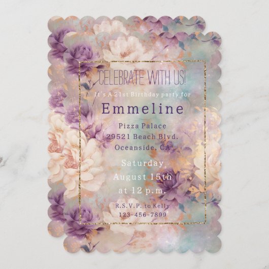Invitation Romantique violet Turquoise Blush Floral (Devant / Derrière)