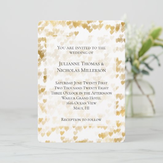 Invitation Romantique White Gold Hearts Mariage (Debout devant)