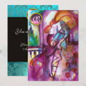 Invitation ROMEO ET JULIET rose Aqua Bleu, Turquoise Damas Fl (Devant / Derrière)