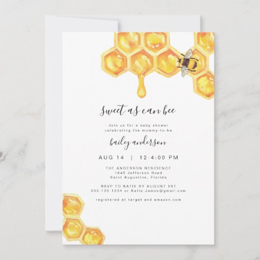 Invitation ROMY Sweet as Can Bee Honey Bumble Bee Baby shower (Devant)