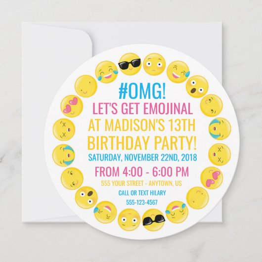 Invitation ronde de fête d'anniversaire d'Emoji (Devant)