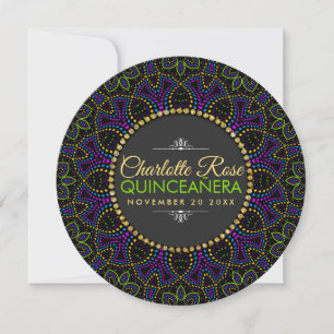 Invitation ronde Groovy Quinceañera Mandala Néon