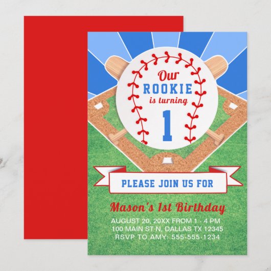 Invitation Rookie Baseball 1er anniversaire (Devant / Derrière)