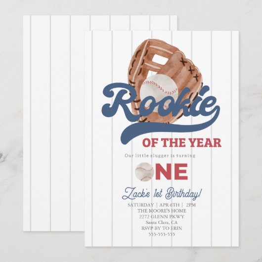 Invitation Rookie Baseball glove Boys 1er anniversaire (Devant / Derrière)