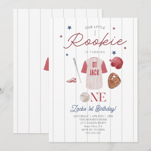 Invitation Rookie Baseball Nom personnalisé Garçons 1er anniv (Devant / Derrière)