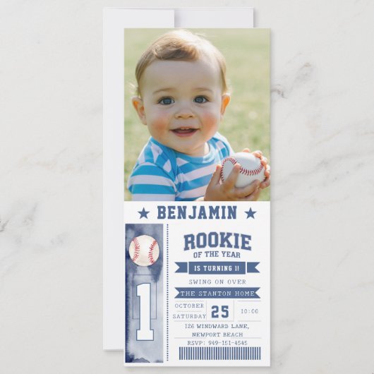 Invitation Rookie Baseball Photo Blue Boy Anniversaire Invita (Devant)