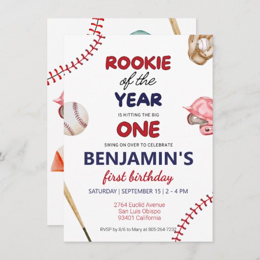 Invitation Rookie baseball rouge bleu 1er anniversaire (Devant / Derrière)