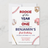 Invitation Rookie baseball rouge bleu 1er anniversaire (Devant)