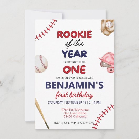 Invitation Rookie baseball rouge bleu 1er anniversaire (Devant)