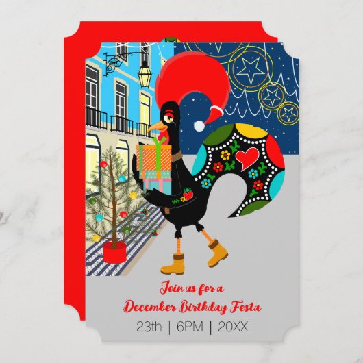 Invitation Rooster drôle, illuminations de Noël, fête d'anniv (Devant / Derrière)