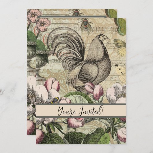 Invitation Rooster Garden Flower Papillon Art (Devant / Derrière)