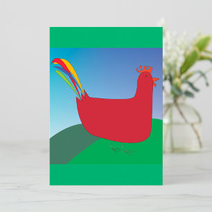 Invitation Rooster rouge coloré avec Rainbow Tail sur Hill