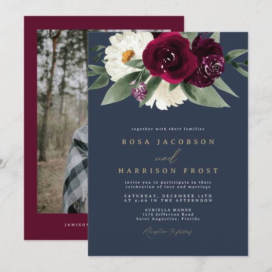 Invitation ROSA Bourgogne et marine Floral Winter Wedding (Devant / Derrière)