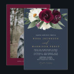 Invitation ROSA Bourgogne et marine Floral Winter Wedding<br><div class="desc">Ce faire-part de mariage présente de riches fleurs bohème bordeaux et blanches avec un arrière - plan bleu marine classique et une police dorée. Ce faire-part de mariage est l'ajout parfait à votre mariage d'hiver élégant et romantique. Modifiez facilement la couleur arrière - plan et les couleurs de police pour...</div>