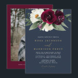 Invitation ROSA Bourgogne et marine Floral Winter Wedding<br><div class="desc">Ce faire-part de mariage présente de riches fleurs bohème bordeaux et blanches avec un arrière - plan bleu marine classique et une police dorée. Ce faire-part de mariage est l'ajout parfait à votre mariage d'hiver élégant et romantique. Modifiez facilement la couleur arrière - plan et les couleurs de police pour...</div>