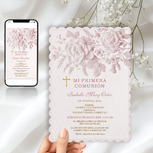 Invitation Rosa Floral Primera Comunión Fille Croix Dorée