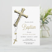 Invitation Rosaire blanc Décoré Croix d'or Baptême (Debout devant)