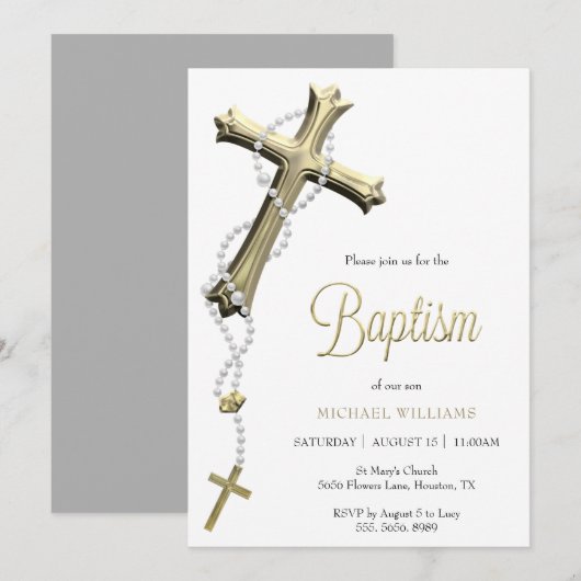 Invitation Rosaire blanc Décoré Croix d'or Baptême (Devant / Derrière)