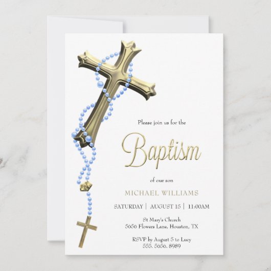 Invitation Rosaire Bleu Décor Croix Baptême (Devant)