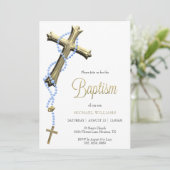 Invitation Rosaire Bleu Décor Croix Baptême (Debout devant)