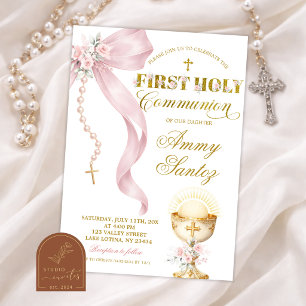 Invitation Rosaire coquette à ruban rose première communion s