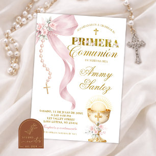 Invitation Rosaire coquette à ruban rose Primera comunion