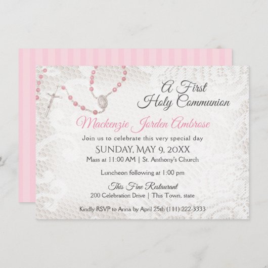 Invitation Rosaire et dentelle première communion rose (Devant / Derrière)