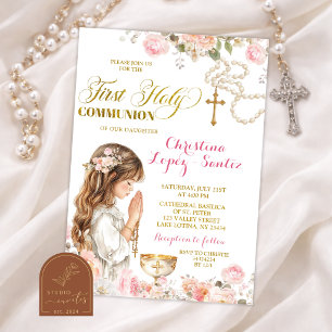 Invitation Rosaire Fille Fleur Rose Première Communion