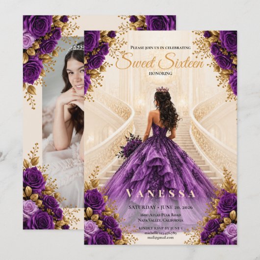 Invitation rose 16 ans princesse violet et or (Devant / Derrière)