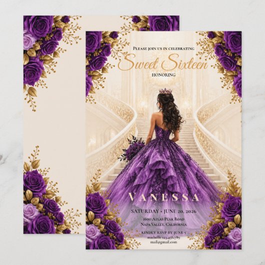 Invitation rose 16 ans princesse violet et or (Devant / Derrière)