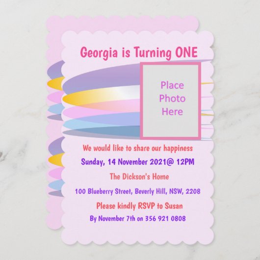 Invitation rose 1er anniversaire (Devant / Derrière)