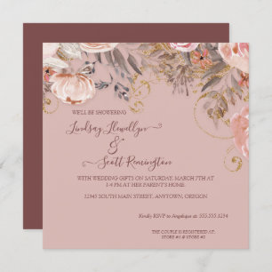 Invitation Rose à feuillage floral bouilli Boho Gold Couples