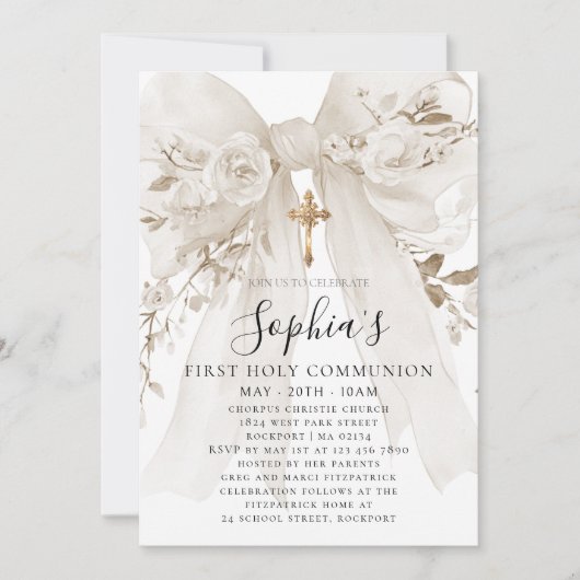 Invitation Rose à ruban blanc pour la première communion (Devant)