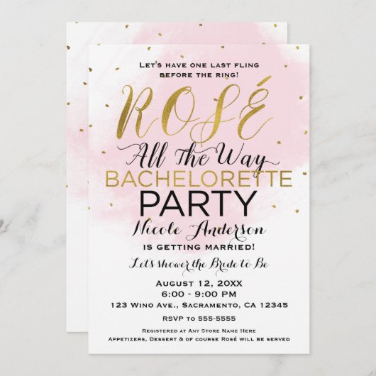 Invitation Rosé All Way Bachelorette Party Rose & Or (Devant / Derrière)
