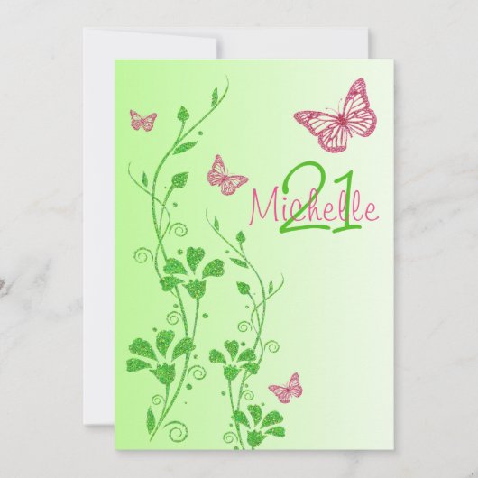 Invitation Rose, anniversaire floral de Buttterflies de vert (Devant)